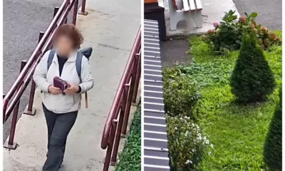 Женщина с рюкзаком у входа и куст гортензии во дворе