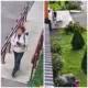Женщина с рюкзаком у входа и куст гортензии во дворе