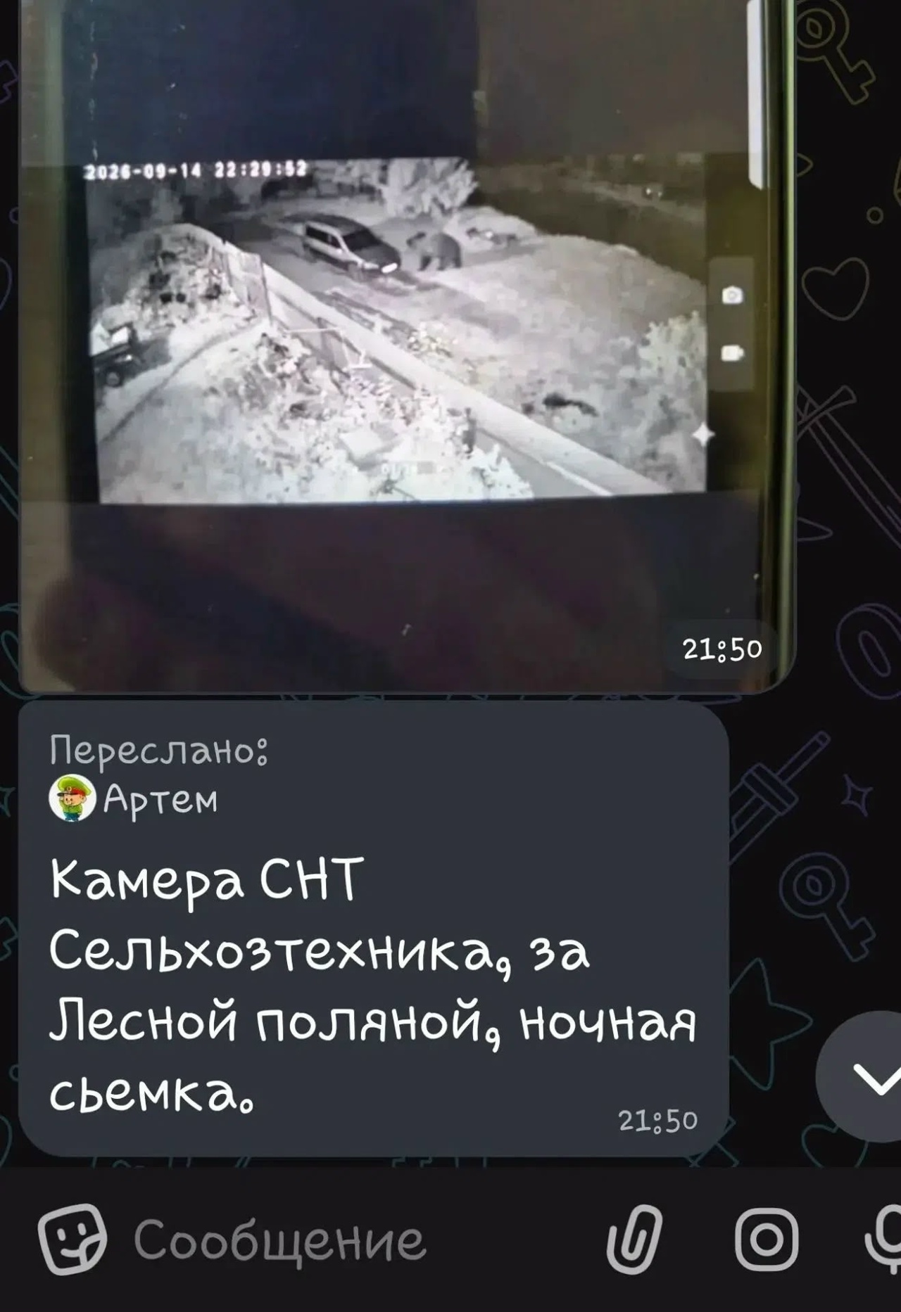 Скриншот сообщения с записью камеры СНТ на заснеженной дороге