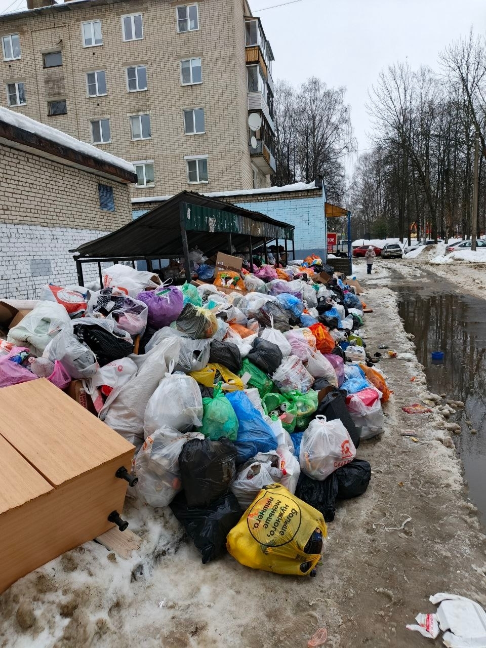 Переполненная мусорная площадка с пакетами отходов у жилого дома зимой