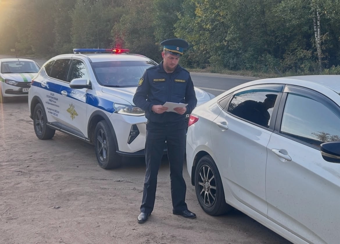 Судебный пристав проверяет документы у автомобиля на обочине дороги