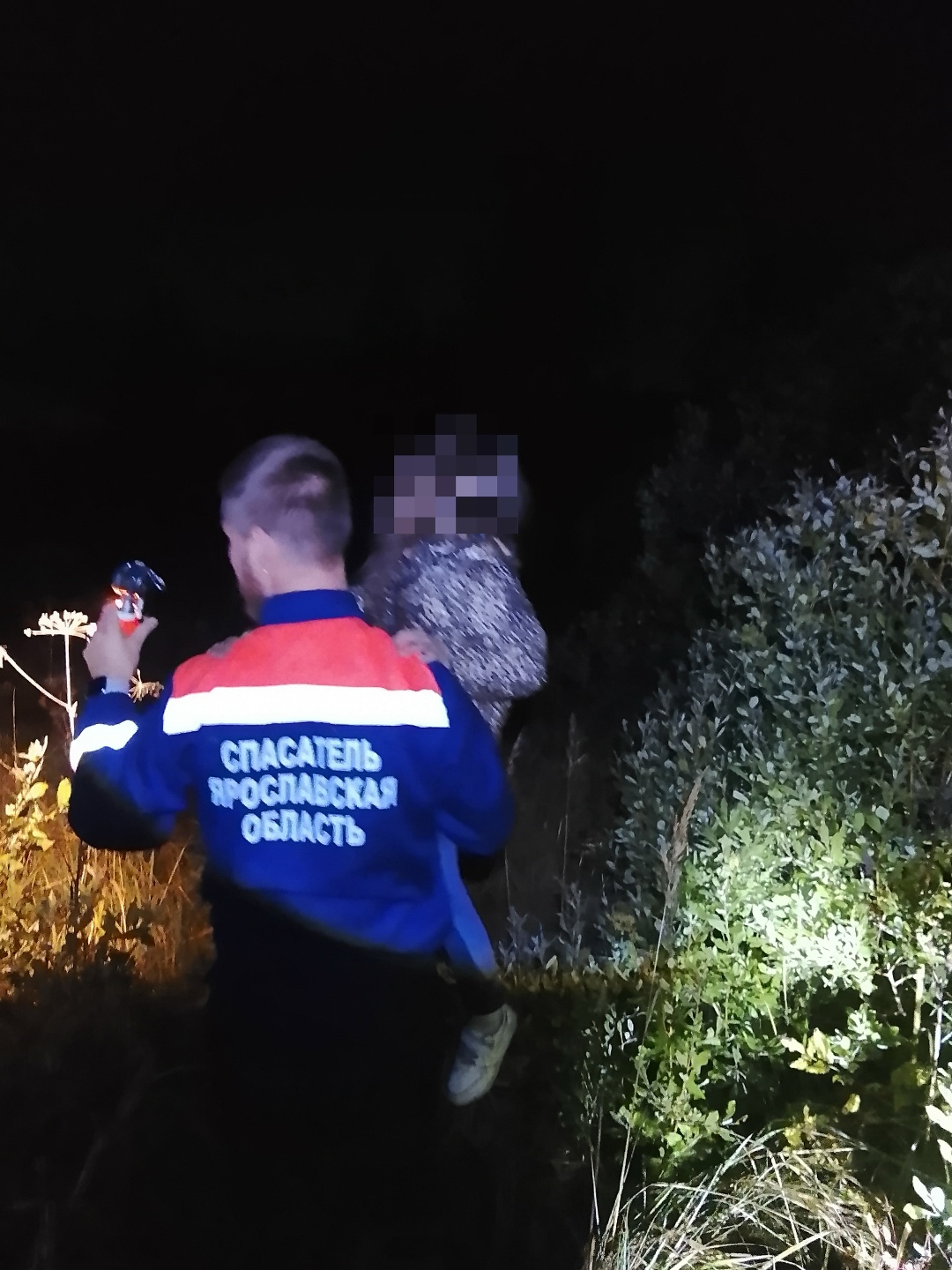 Спасатель Ярославской области несёт ребёнка по ночному лесу