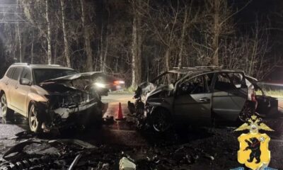 Два автомобиля с разбитыми передними частями после лобового ДТП ночью