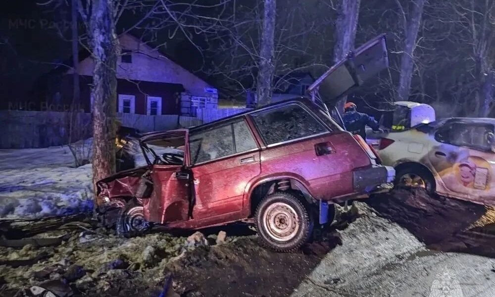 Разбитый красный автомобиль после ДТП врезался в дерево ночью