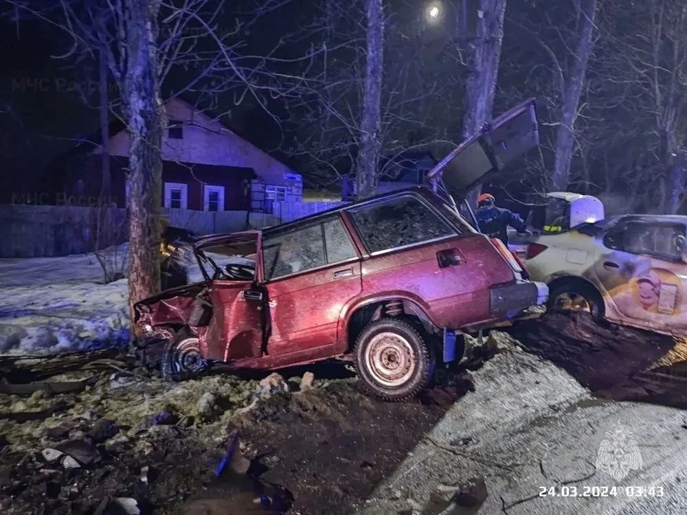 Разбитый красный автомобиль после ДТП врезался в дерево ночью