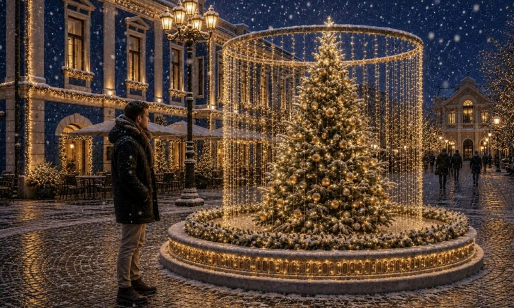 Новогодняя елка в светящемся фонтане на заснеженной городской улице