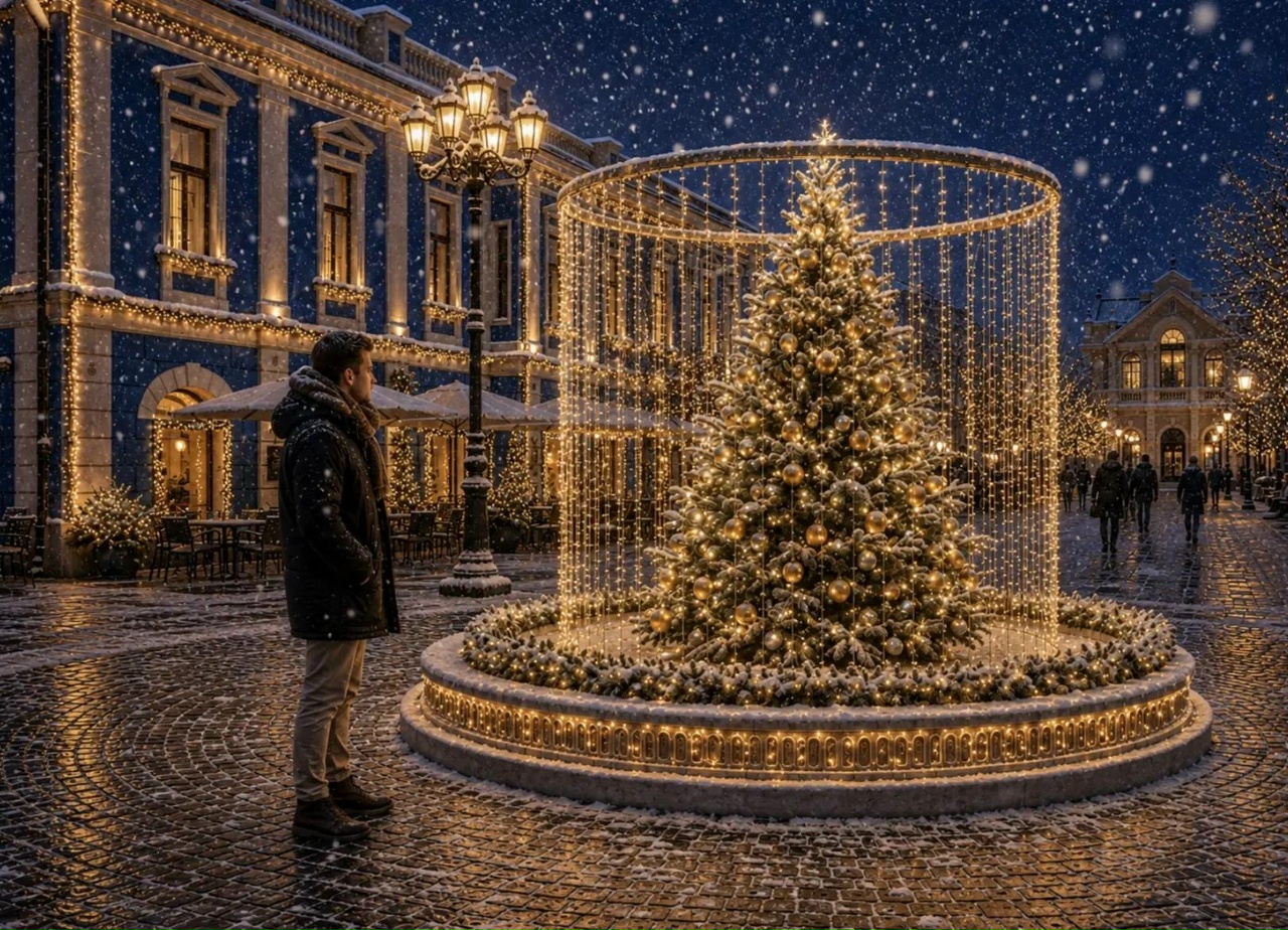 Новогодняя елка в светящемся фонтане на заснеженной городской улице