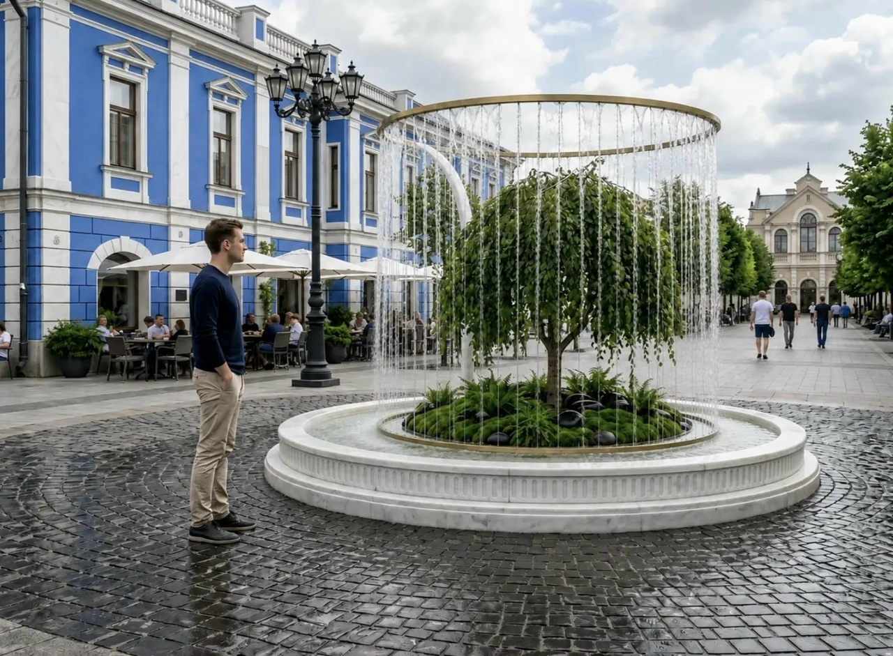 Фонтан с деревом в центре на городской пешеходной улице