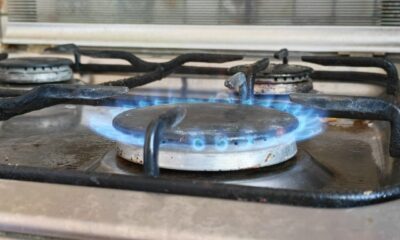Горящая конфорка газовой плиты с голубым пламенем