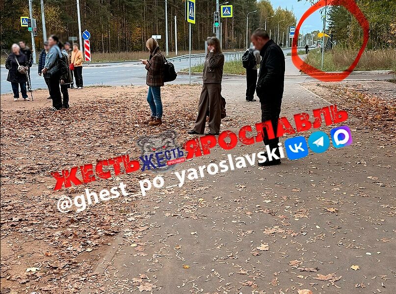 Пассажиры ждут транспорт у остановки в Ярославле рядом с пешеходным переходом
