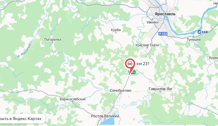 Карта участка трассы М-8 у Ярославля с отметкой ограничения на 231-м километре